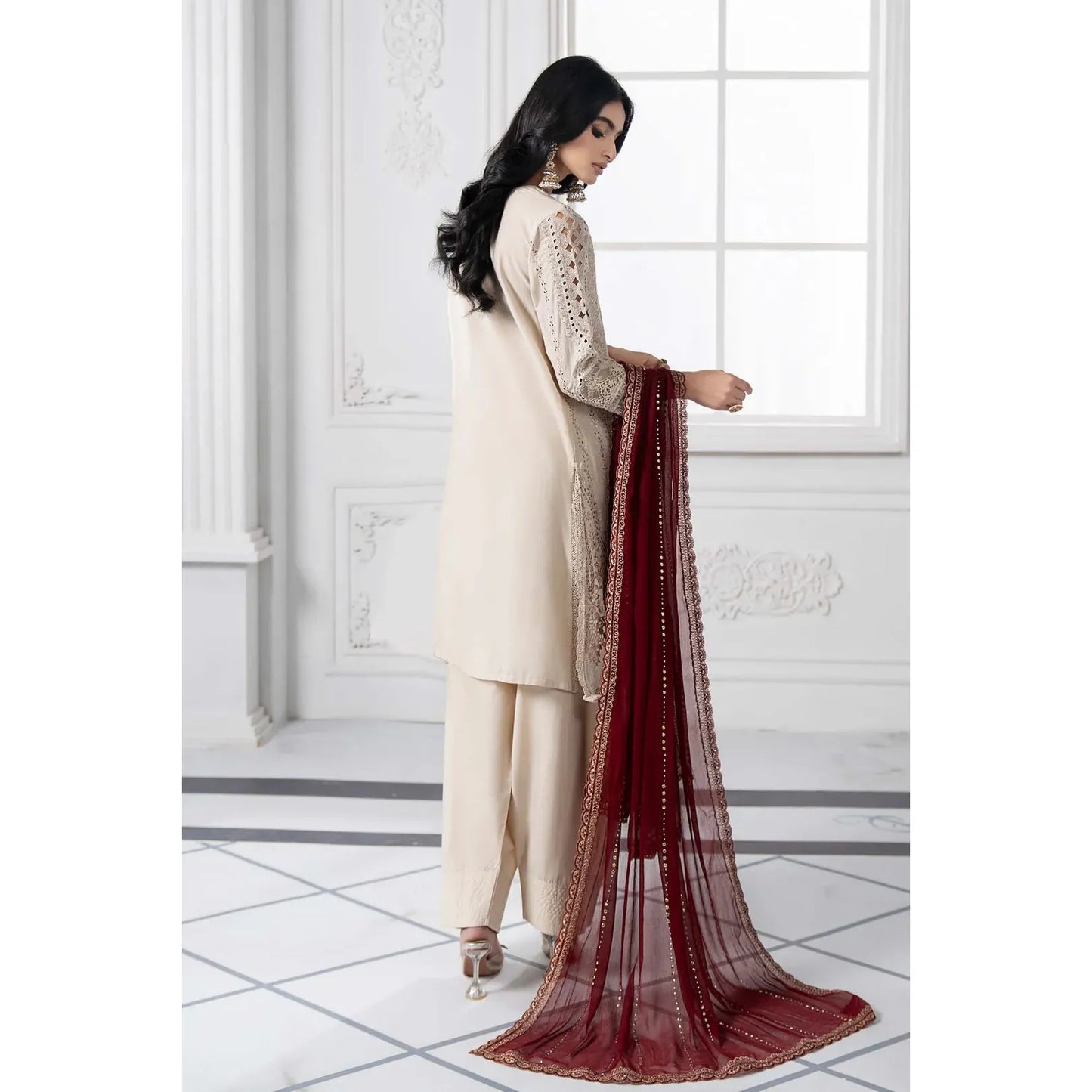 • Clothing: Embroidered/Printed suit for women - Made of best quality fabric - lawn or linen or chiffon - pure silk - Available at Najma Designs & Co. • Jewelry: Gold - plated stud earrings for