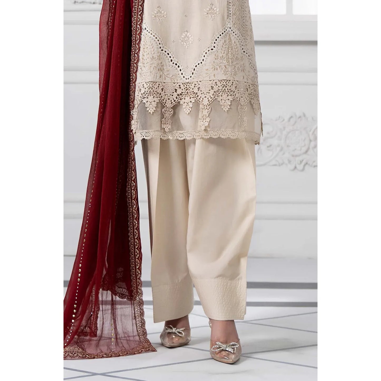 • Clothing: Embroidered/Printed suit for women - Made of best quality fabric - lawn or linen or chiffon - pure silk - Available at Najma Designs & Co. • Jewelry: Gold - plated stud earrings for