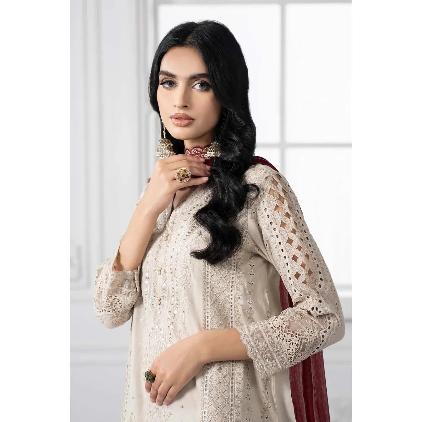 • Clothing: Embroidered/Printed suit for women - Made of best quality fabric - lawn or linen or chiffon - pure silk - Available at Najma Designs & Co. • Jewelry: Gold - plated stud earrings for