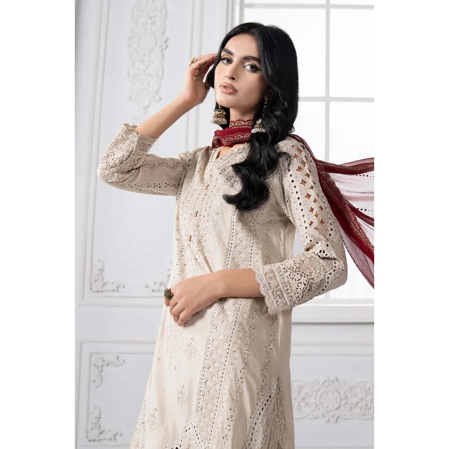 • Clothing: Embroidered/Printed suit for women - Made of best quality fabric - lawn or linen or chiffon - pure silk - Available at Najma Designs & Co. • Jewelry: Gold - plated stud earrings for