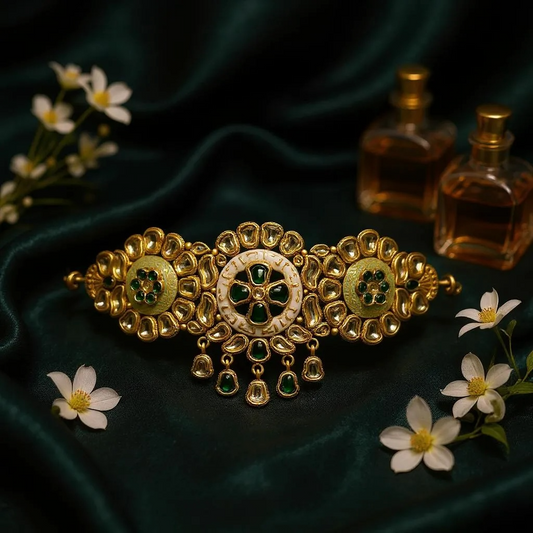 Gold bracelet with green stones on a dark fabric background with flowers and perfume bottles.