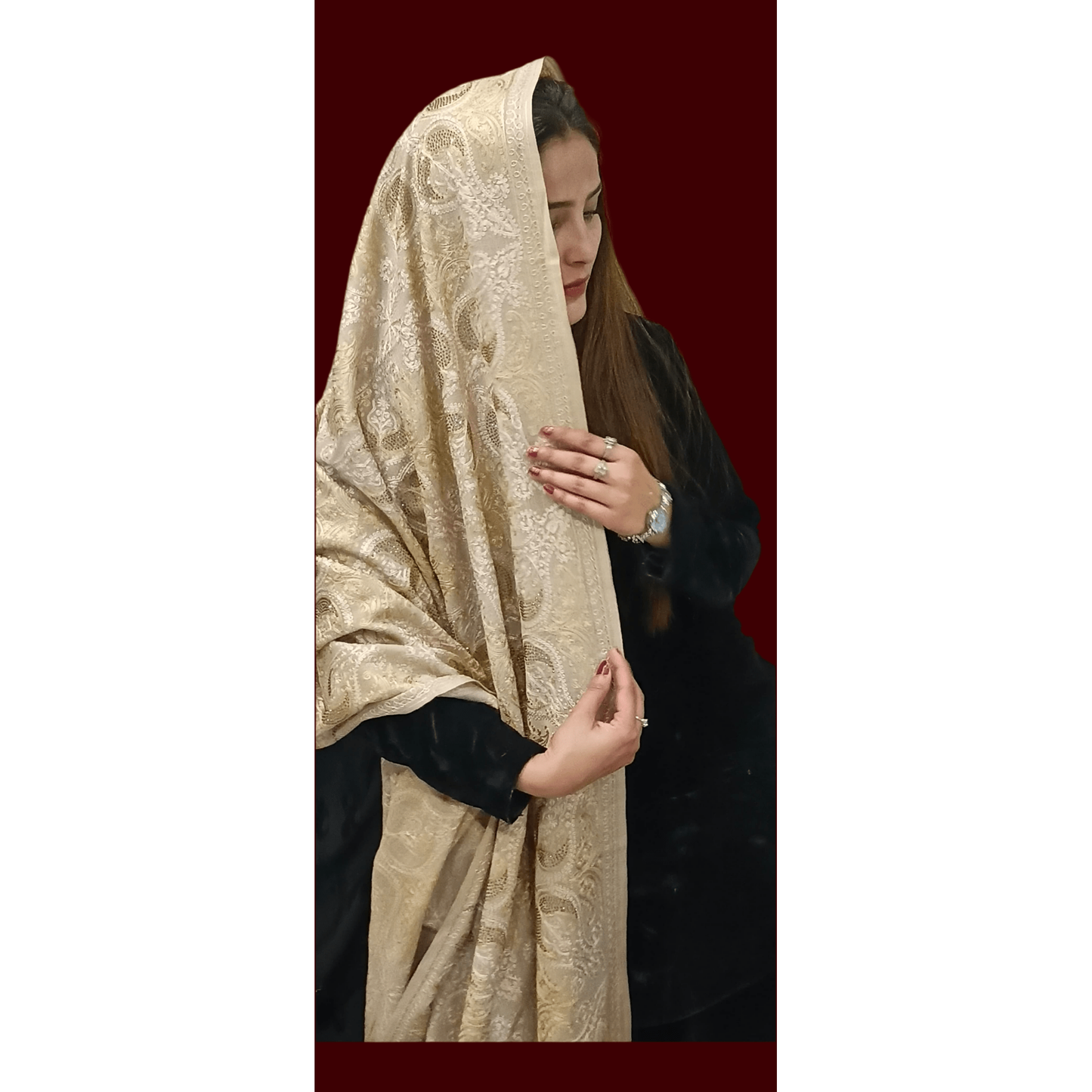 Beige Embroidered Stud Pashmina Shawl - NajmaDesigns & Co.