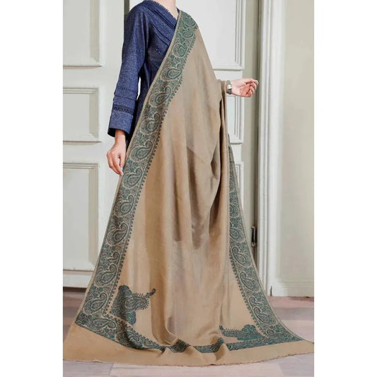 on a model Brown Winter Shawl with Sea Green, Traditional Embroidery Shawl
This camel brown shawl features exquisite sea green embroidery, creating a visually stunning piece. The shawl is available for purchase at Najmadesighns and Co., a reputable online retailer based in the United States.