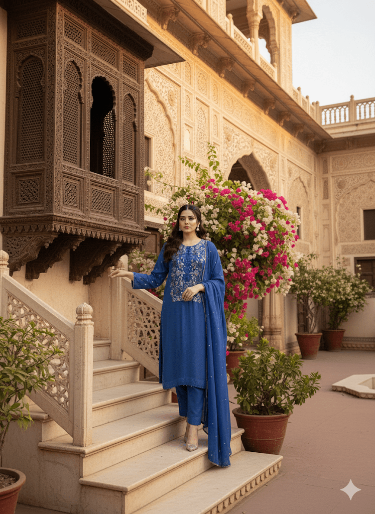 • Clothing: Embroidered/Printed suit for women - Made of best quality fabric - lawn or linen or chiffon - pure silk - Available at Najma Designs & Co. • Jewelry: Gold - plated stud earrings for