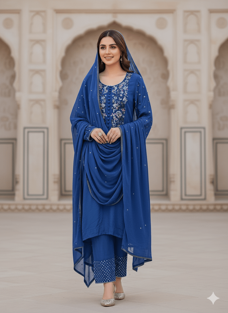 • Clothing: Embroidered/Printed suit for women - Made of best quality fabric - lawn or linen or chiffon - pure silk - Available at Najma Designs & Co. • Jewelry: Gold - plated stud earrings for