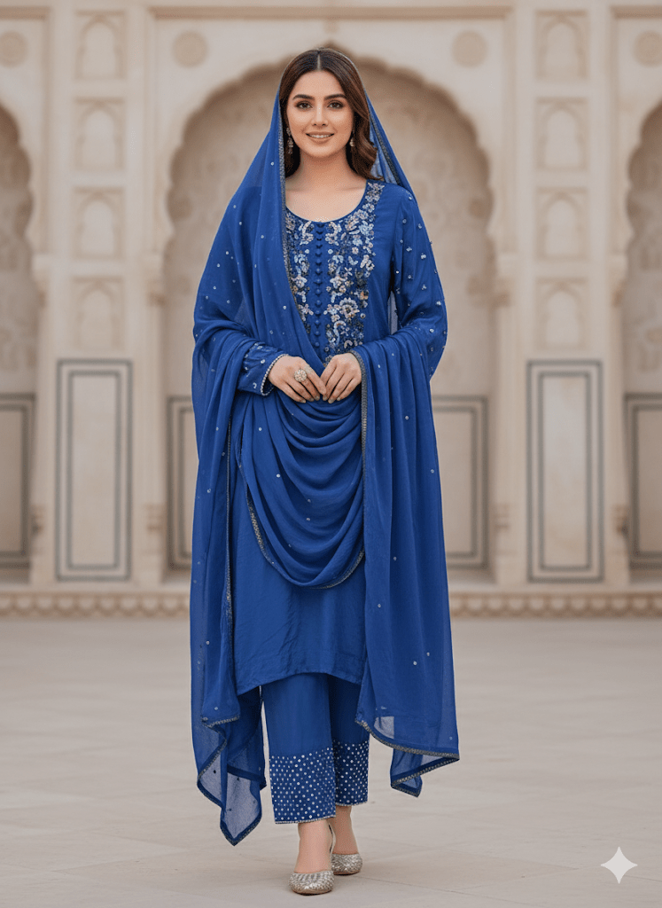 • Clothing: Embroidered/Printed suit for women - Made of best quality fabric - lawn or linen or chiffon - pure silk - Available at Najma Designs & Co. • Jewelry: Gold - plated stud earrings for