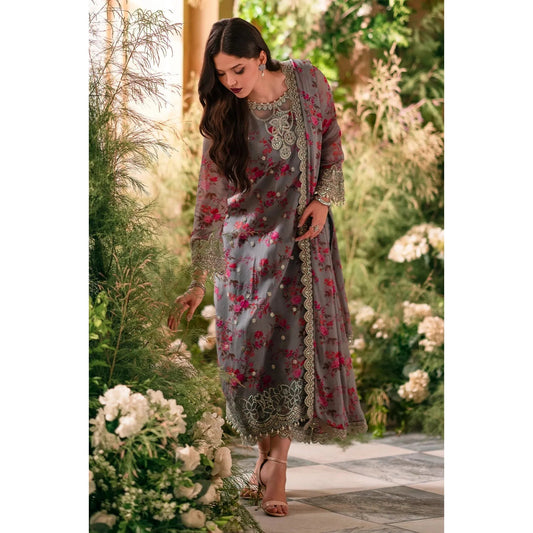 Embroidered chiffon 3-piece suit with printed front, raw-silk trouser, and chiffon dupatta. Elegant and stylish design.