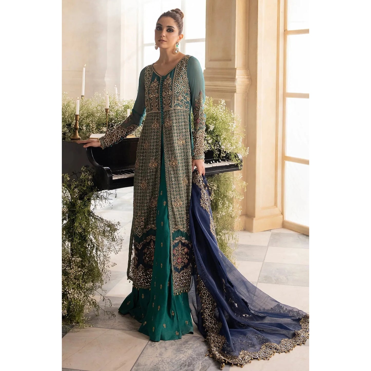 Luxury 3-piece chiffon suit with handwork embroidery, dyed organza dupatta, and raw-silk trouser for a refined look.
