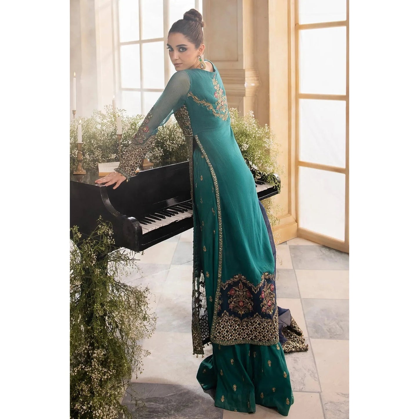 Luxury 3-piece chiffon suit with handwork embroidery, dyed organza dupatta, and raw-silk trouser for a refined look.