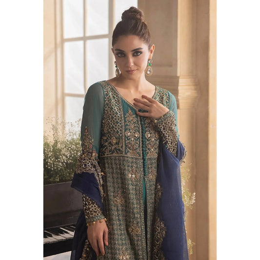 Luxury 3-piece chiffon suit with handwork embroidery, dyed organza dupatta, and raw-silk trouser for a refined look.