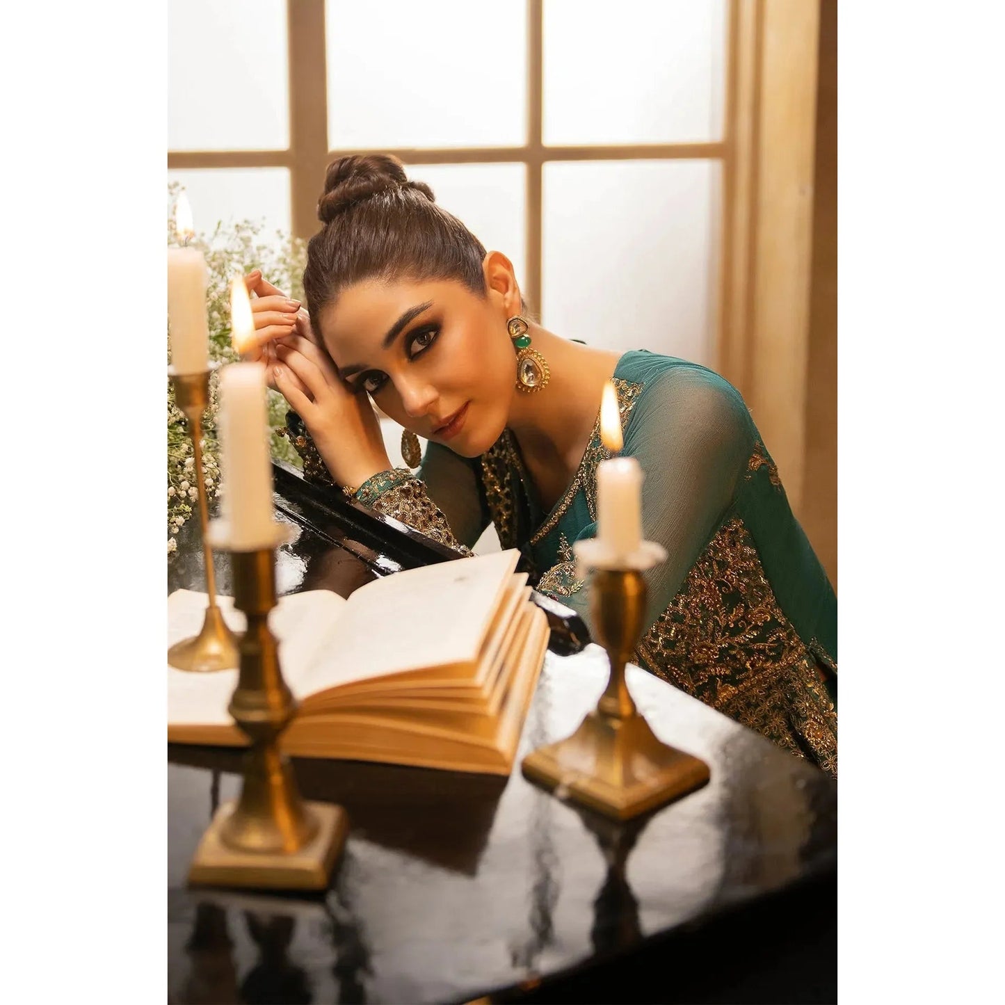 Luxury 3-piece chiffon suit with handwork embroidery, dyed organza dupatta, and raw-silk trouser for a refined look.