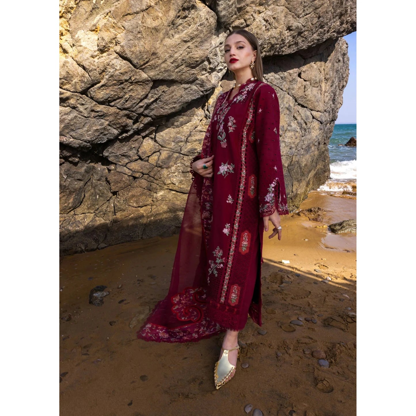 • Clothing: Embroidered/Printed suit for women - Made of best quality fabric - lawn or linen or chiffon - pure silk - Available at Najma Designs & Co. • Jewelry: Gold - plated stud earrings for