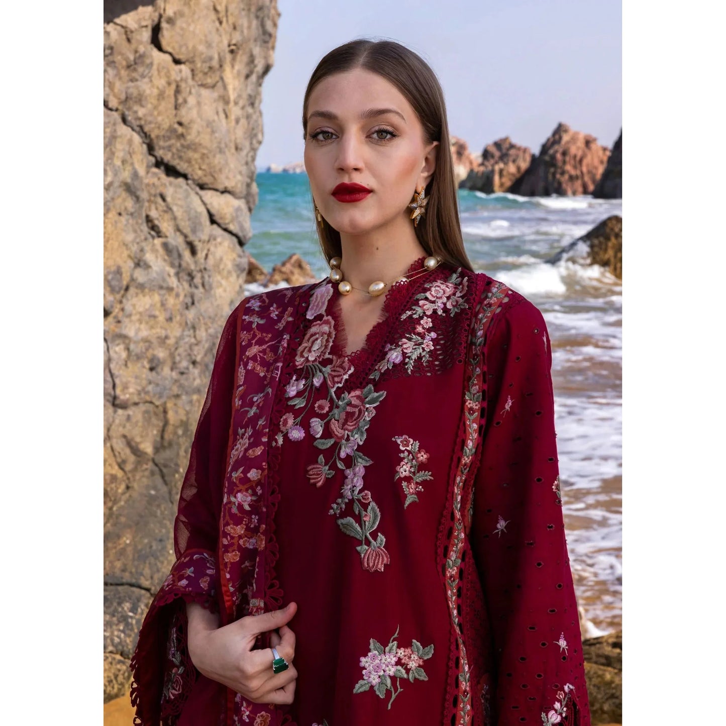• Clothing: Embroidered/Printed suit for women - Made of best quality fabric - lawn or linen or chiffon - pure silk - Available at Najma Designs & Co. • Jewelry: Gold - plated stud earrings for