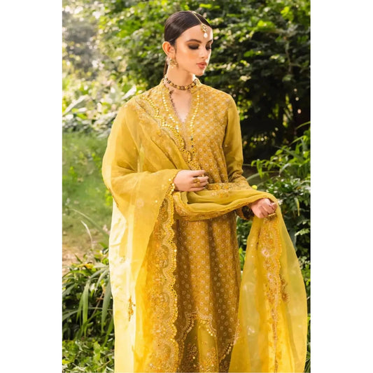 Stitched Yellow-Green Silk Embroidered Shirt with Raw Silk Trouser and Organza Embroidered Dupatta, Perfect for Fall/Winter Wear, Detailed Embroidery on Front, Back, Sleeves, and Hems, Traditional Pakistani Dress, Elegant and Timeless Pakistani Bridal or Festive Outfit, Dyed Cotton Inner, Perfect for Special Occasions