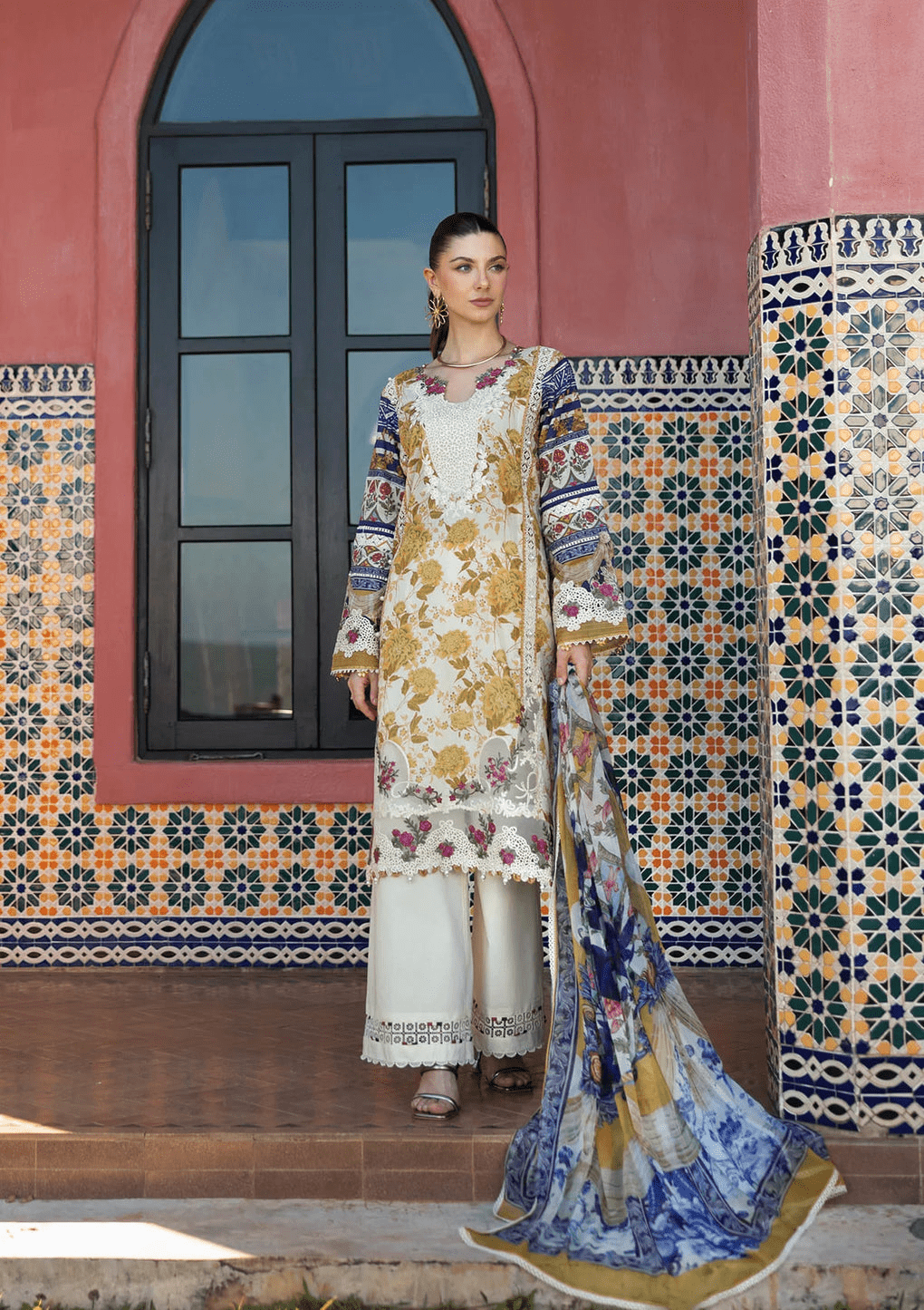 • Clothing: Embroidered/Printed suit for women - Made of best quality fabric - lawn or linen or chiffon - pure silk - Available at Najma Designs & Co. • Jewelry: Gold - plated stud earrings for
