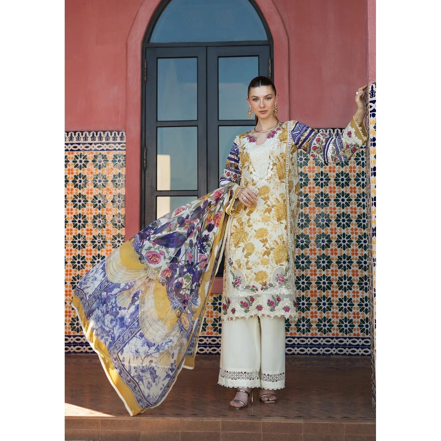 • Clothing: Embroidered/Printed suit for women - Made of best quality fabric - lawn or linen or chiffon - pure silk - Available at Najma Designs & Co. • Jewelry: Gold - plated stud earrings for