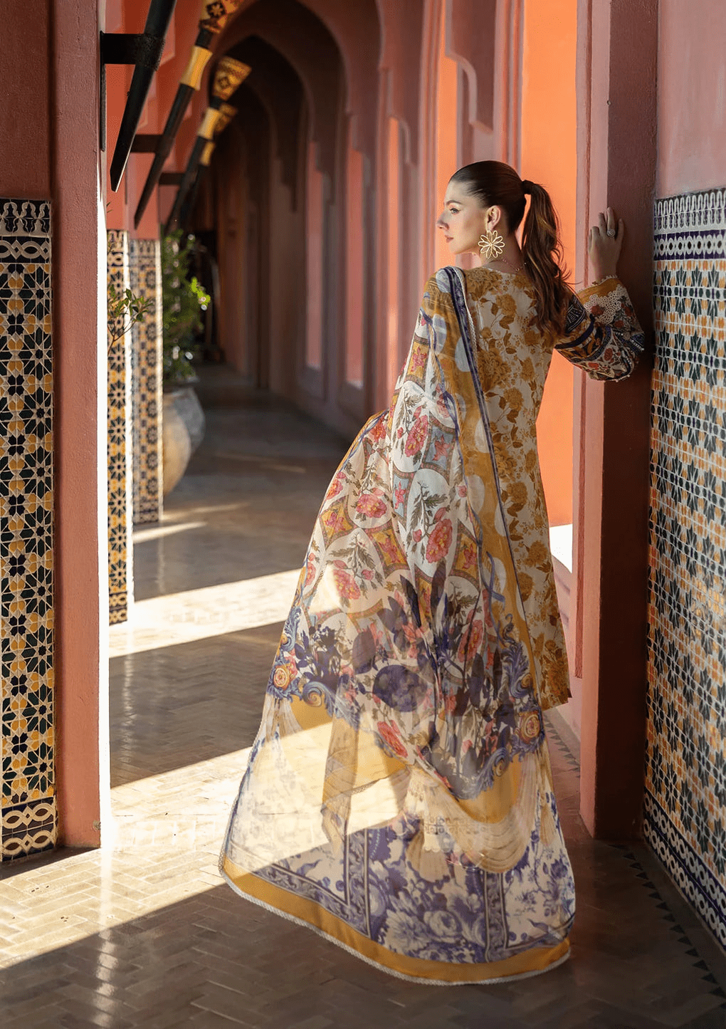 • Clothing: Embroidered/Printed suit for women - Made of best quality fabric - lawn or linen or chiffon - pure silk - Available at Najma Designs & Co. • Jewelry: Gold - plated stud earrings for