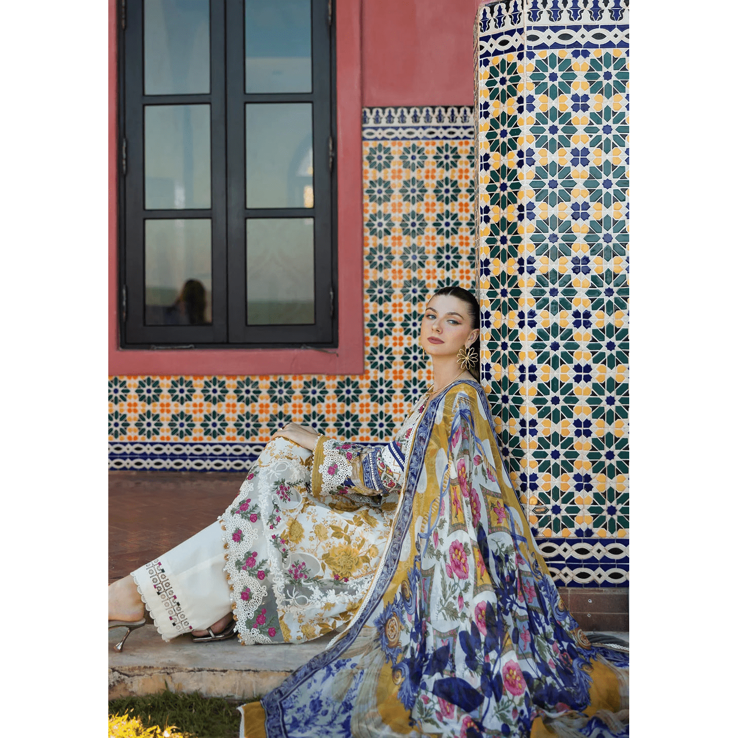• Clothing: Embroidered/Printed suit for women - Made of best quality fabric - lawn or linen or chiffon - pure silk - Available at Najma Designs & Co. • Jewelry: Gold - plated stud earrings for