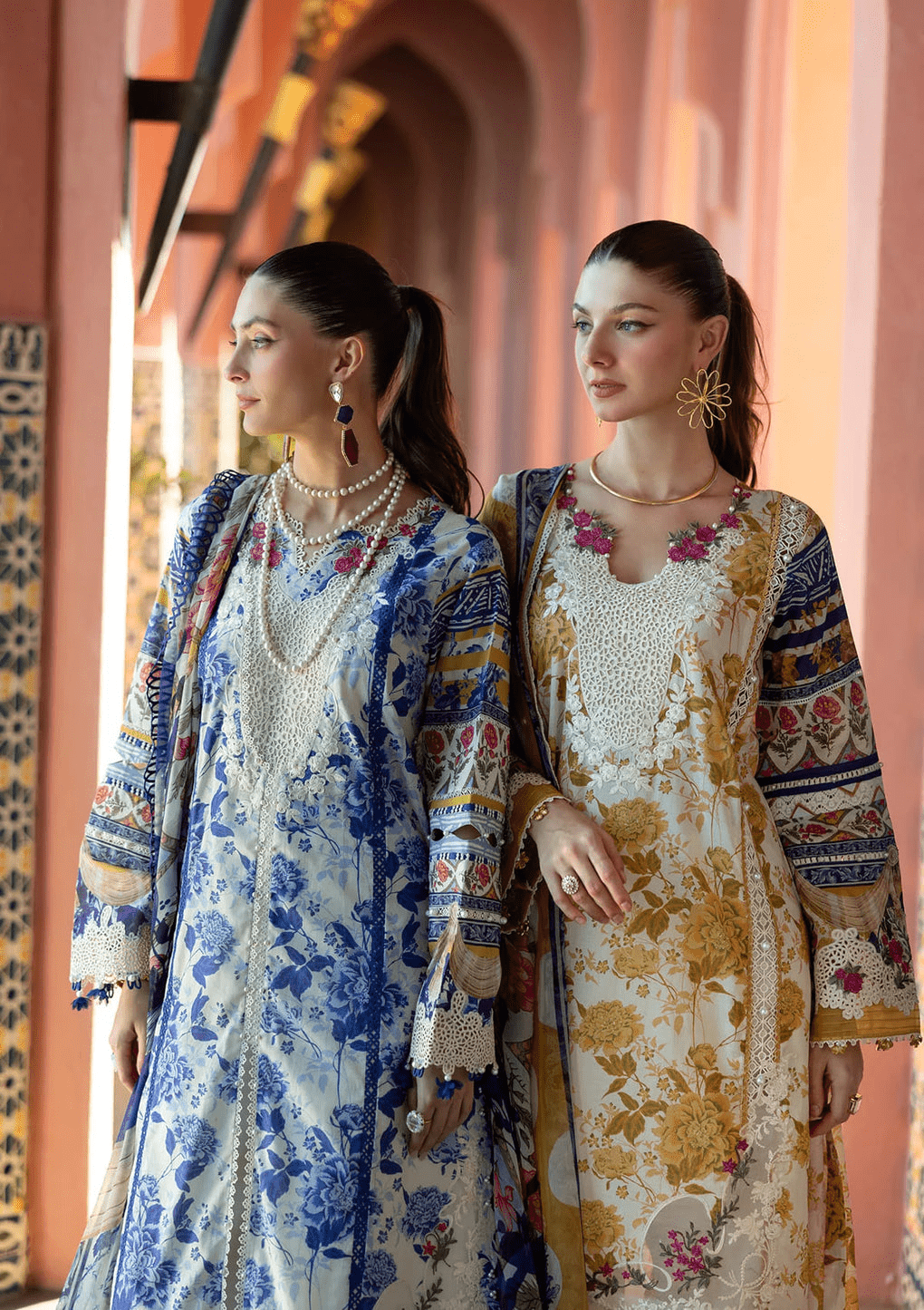 • Clothing: Embroidered/Printed suit for women - Made of best quality fabric - lawn or linen or chiffon - pure silk - Available at Najma Designs & Co. • Jewelry: Gold - plated stud earrings for