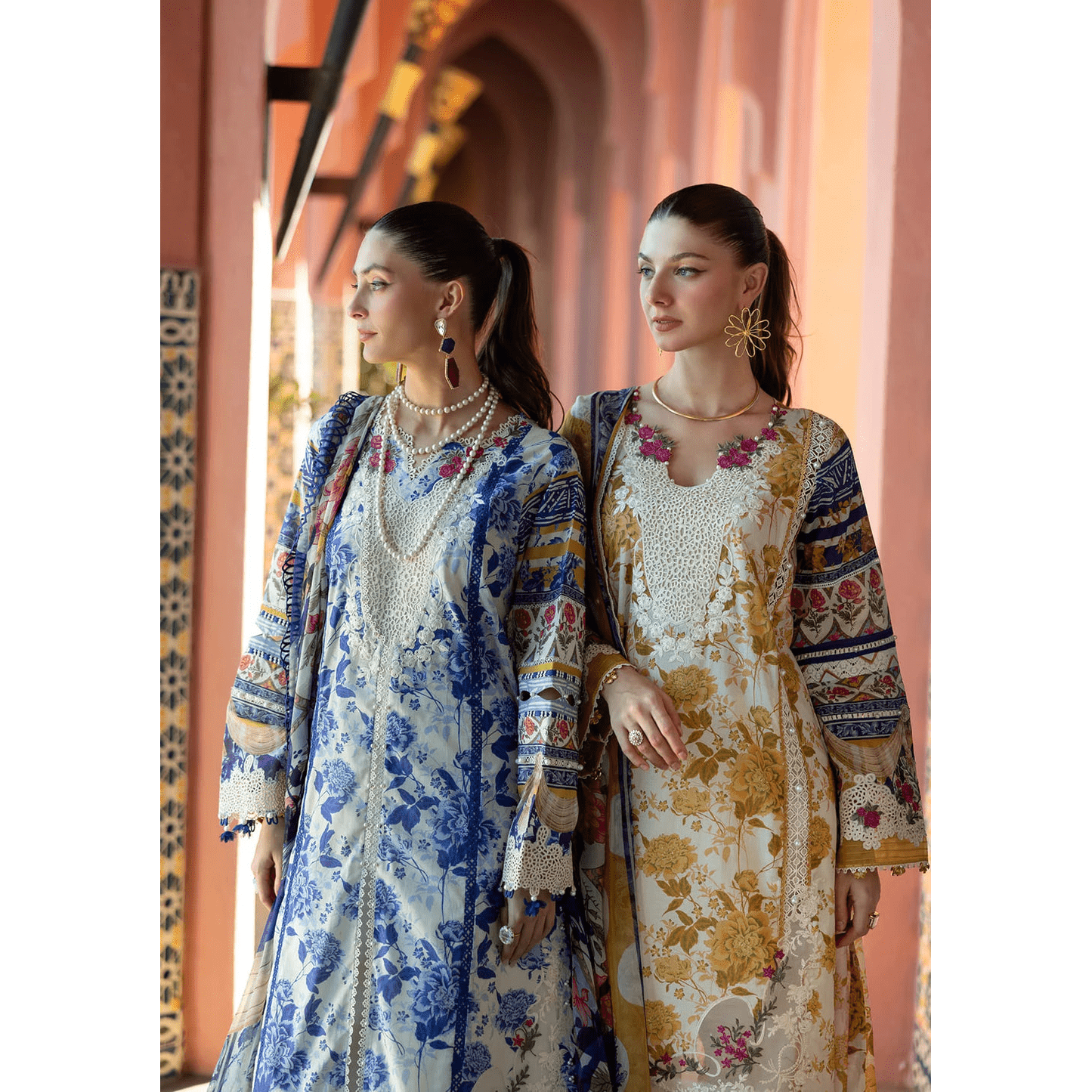• Clothing: Embroidered/Printed suit for women - Made of best quality fabric - lawn or linen or chiffon - pure silk - Available at Najma Designs & Co. • Jewelry: Gold - plated stud earrings for