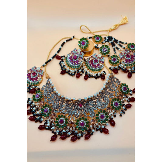 Emerald Bridal Jewelry Set with Tikka, Jhoomer Earrings, and Necklace, Embellished with Emerald, Ruby Stones, Pearl Motis, and Feroza Accents, Gold-Plated Brass, Perfect for Indian and Pakistani Brides, Adds Radiant Grace to Special Occasions, Ready to Ship"