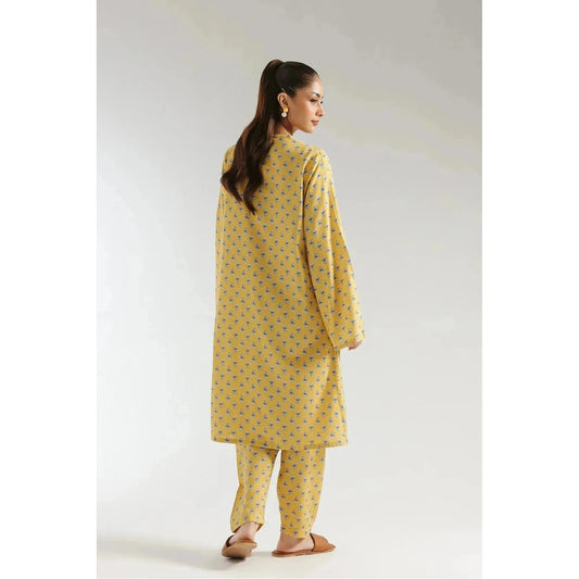 ETHC Yellow Beige Two-Piece Artistic Ensemble with Vibrant Print, Viscose Cotton Slub Fabric, Trendy Front Add-Ons, Chic Shirt & Contemporary Trouser, Stitched and Ready to Wear
