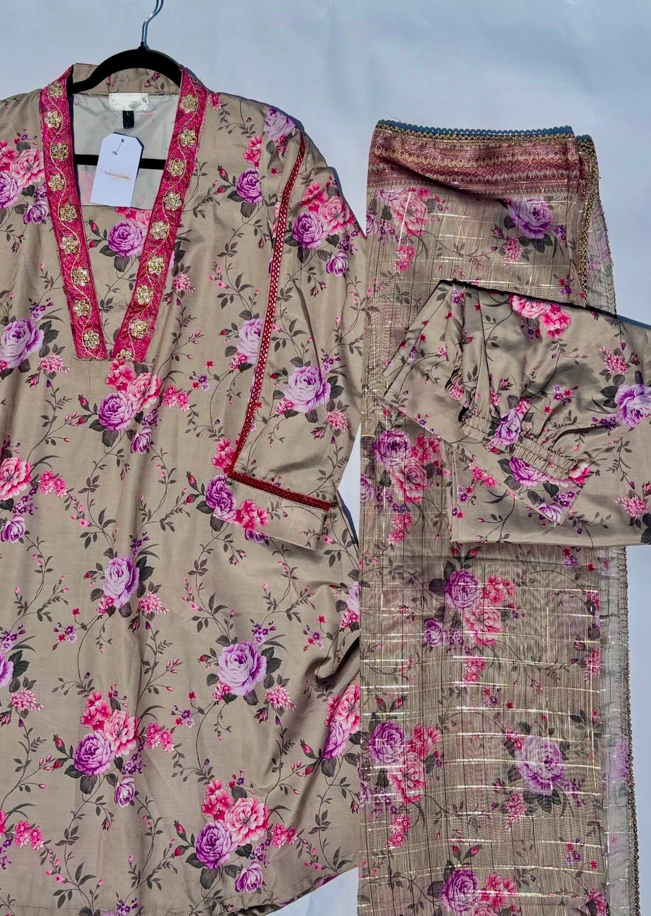 • Clothing: Embroidered/Printed suit for women - Made of best quality fabric - lawn or linen or chiffon - pure silk - Available at Najma Designs & Co. • Jewelry: Gold - plated stud earrings for