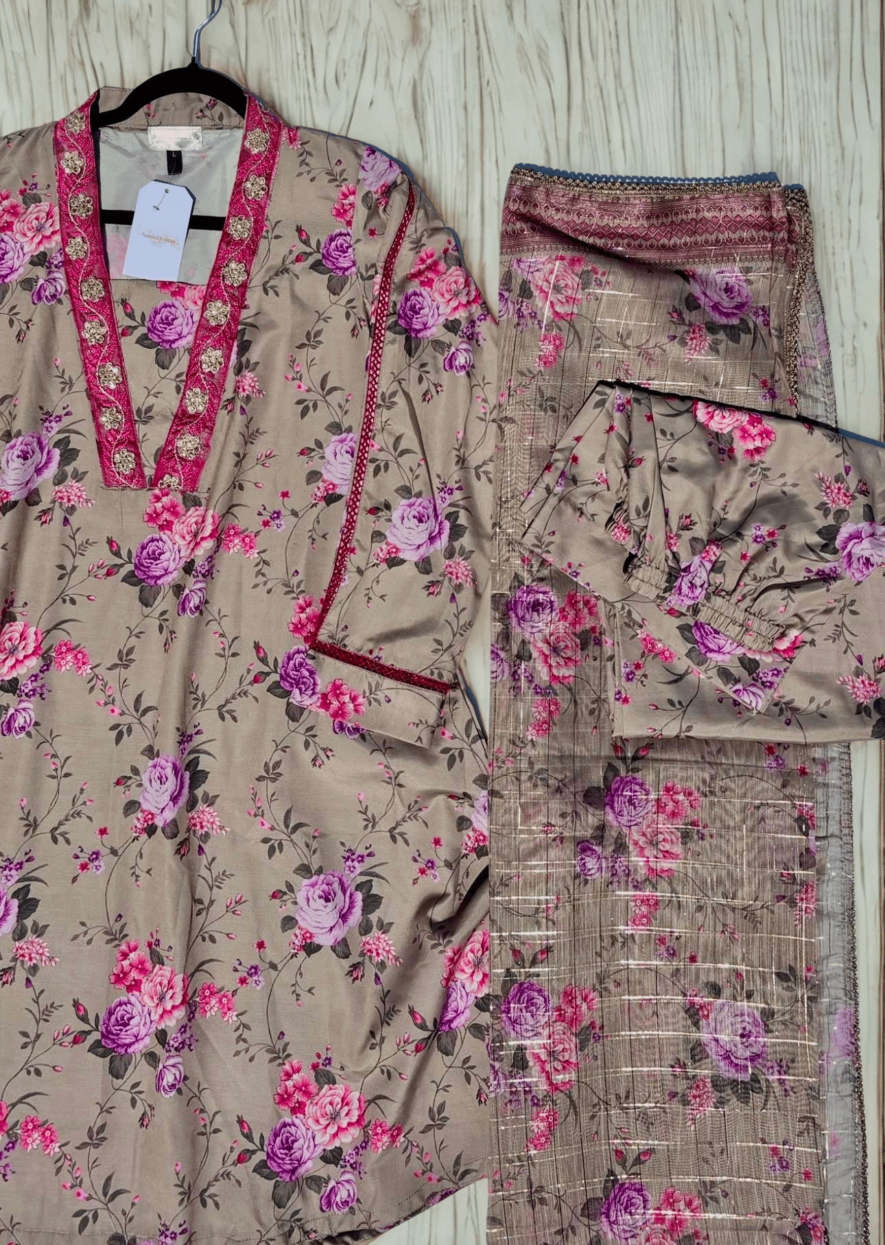 • Clothing: Embroidered/Printed suit for women - Made of best quality fabric - lawn or linen or chiffon - pure silk - Available at Najma Designs & Co. • Jewelry: Gold - plated stud earrings for