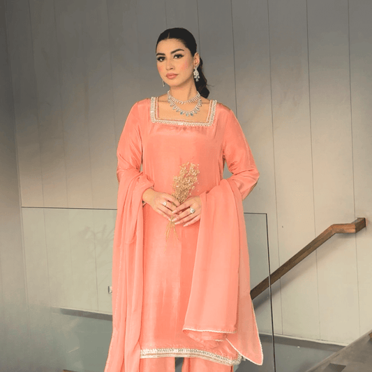 • Clothing: Embroidered/Printed suit for women - Made of best quality fabric - lawn or linen or chiffon - pure silk - Available at Najma Designs & Co. • Jewelry: Gold - plated stud earrings for