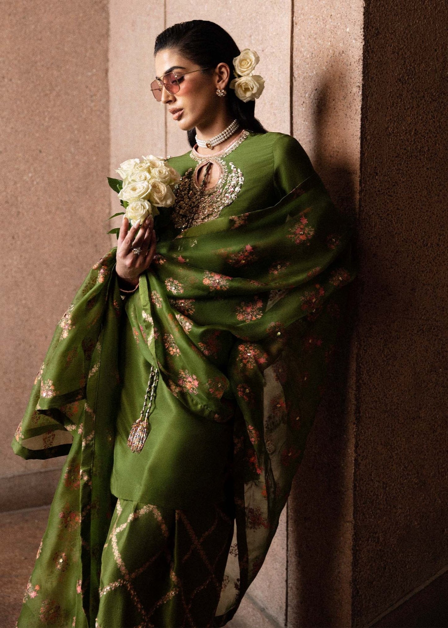 • Clothing: Embroidered/Printed suit for women - Made of best quality fabric - lawn or linen or chiffon - pure silk - Available at Najma Designs & Co. • Jewelry: Gold - plated stud earrings for