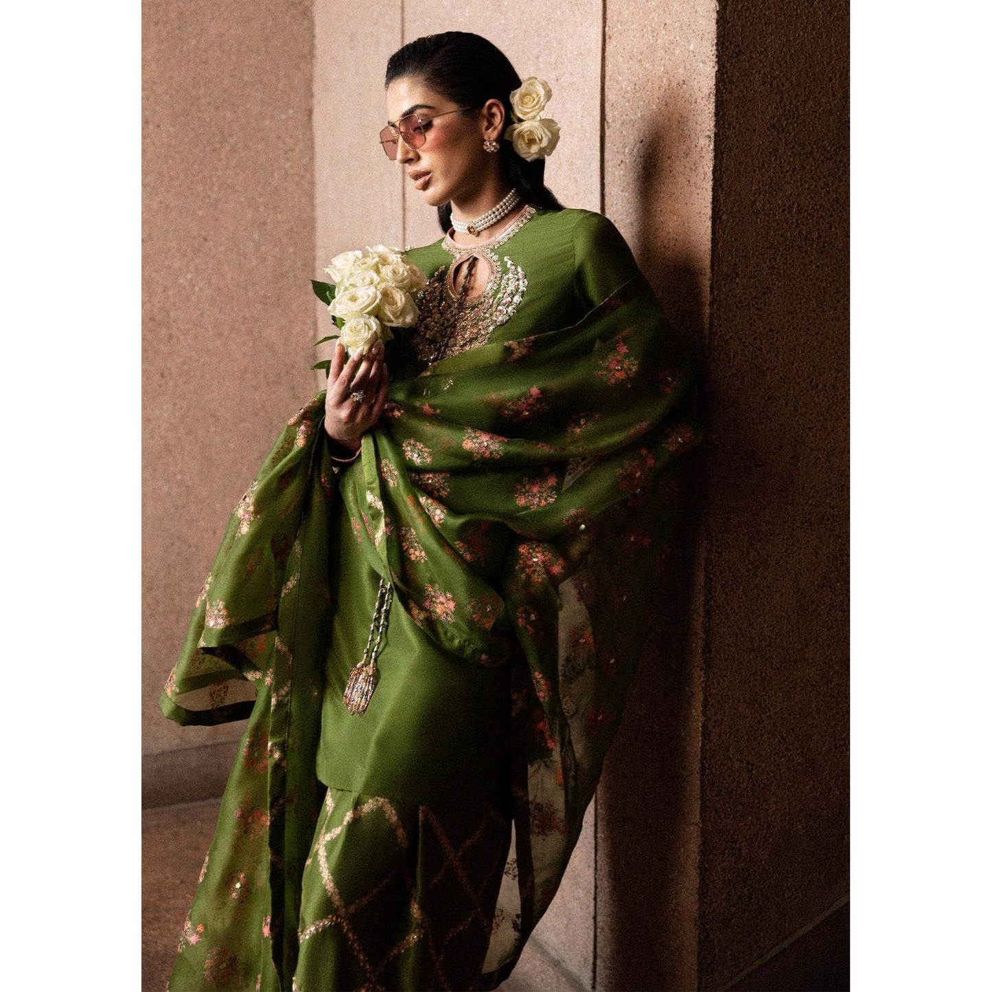 • Clothing: Embroidered/Printed suit for women - Made of best quality fabric - lawn or linen or chiffon - pure silk - Available at Najma Designs & Co. • Jewelry: Gold - plated stud earrings for