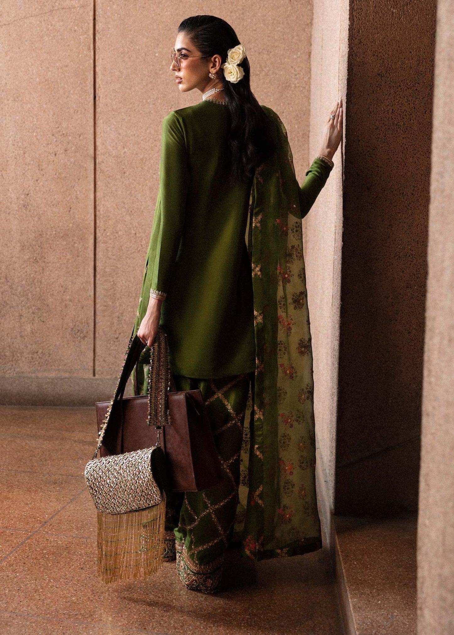 • Clothing: Embroidered/Printed suit for women - Made of best quality fabric - lawn or linen or chiffon - pure silk - Available at Najma Designs & Co. • Jewelry: Gold - plated stud earrings for