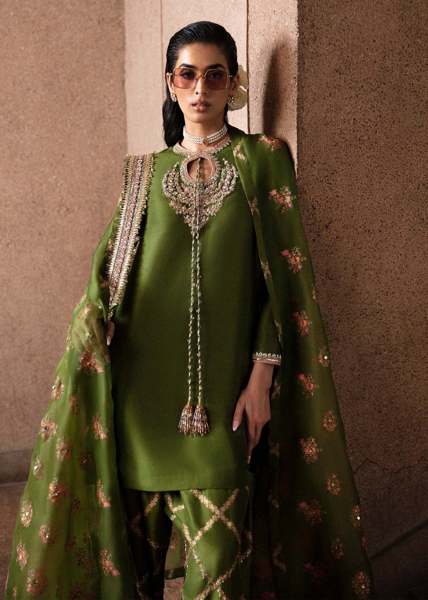 • Clothing: Embroidered/Printed suit for women - Made of best quality fabric - lawn or linen or chiffon - pure silk - Available at Najma Designs & Co. • Jewelry: Gold - plated stud earrings for