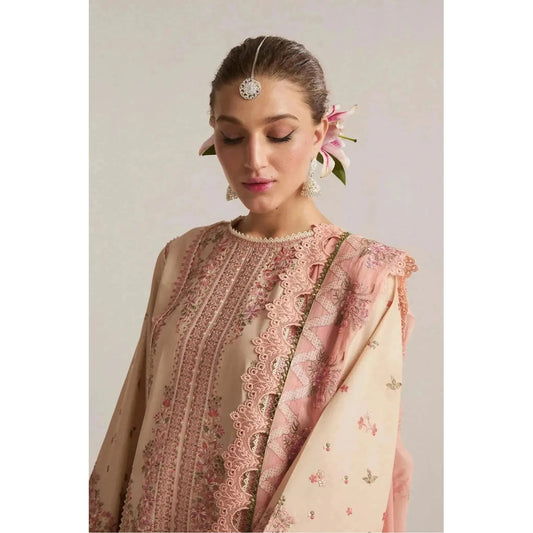 Hussain Rehar minimalistic lawn shirt with intricate embroidery on the front and sleeves, paired with a contrast embroidered chiffon dupatta. Complete with same dyed cotton trousers featuring an embroidered border, this elegant summer ensemble combines simplicity and sophistication. Ideal for casual and semi-formal occasions, this luxury Pakistani clothing design offers timeless style and comfort for warm weather