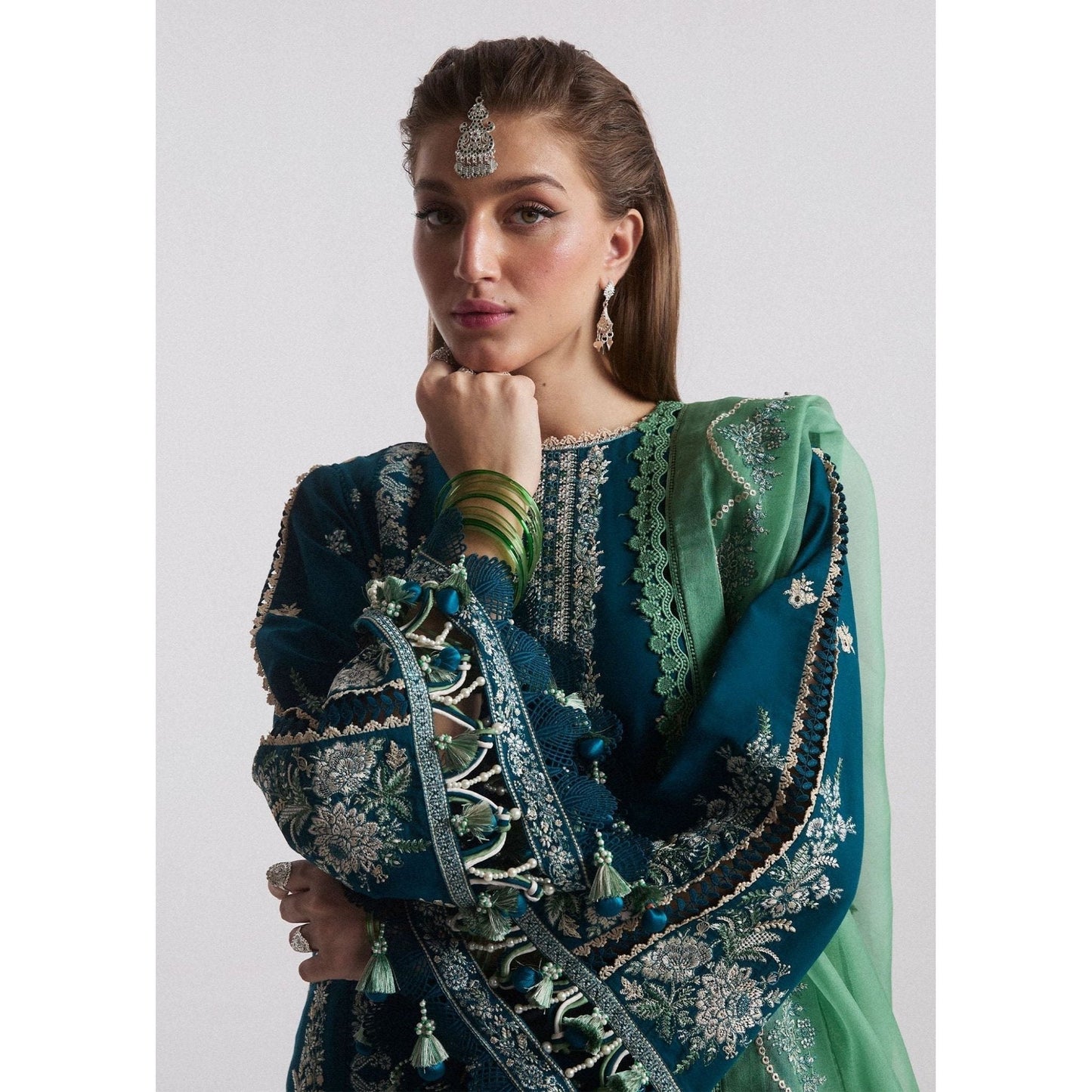 • Clothing: Embroidered/Printed suit for women - Made of best quality fabric - lawn or linen or chiffon - pure silk - Available at Najma Designs & Co. • Jewelry: Gold - plated stud earrings for