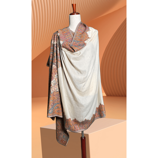 On a maniquin Kaani Pure Pashmina Shawl - Best Seller
Available in off-white color with a woven border, this shawl is suitable for both winter and fall. It is currently available at Najma Designs and Co.