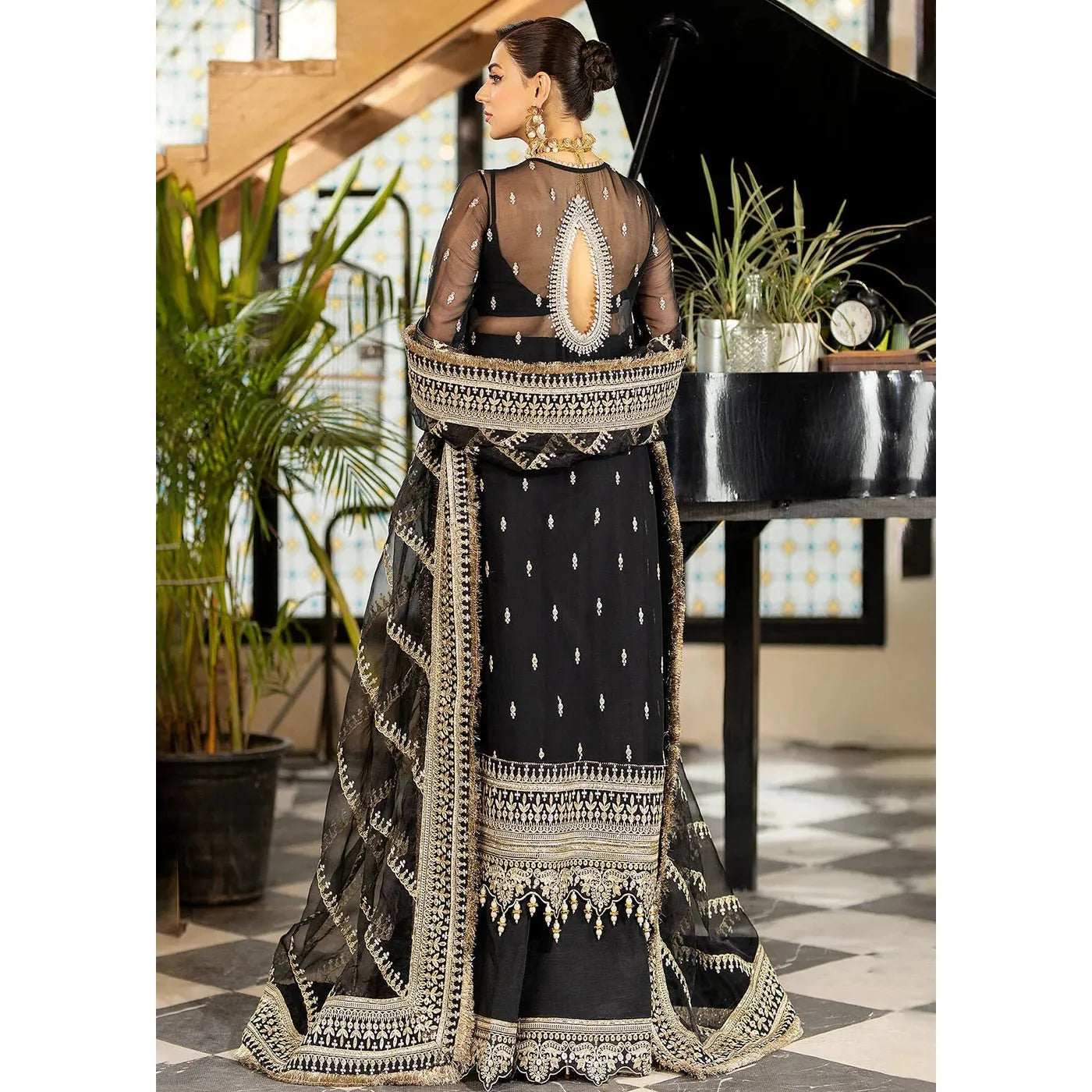 • Clothing: Embroidered/Printed suit for women - Made of best quality fabric - lawn or linen or chiffon - pure silk - Available at Najma Designs & Co. • Jewelry: Gold - plated stud earrings for