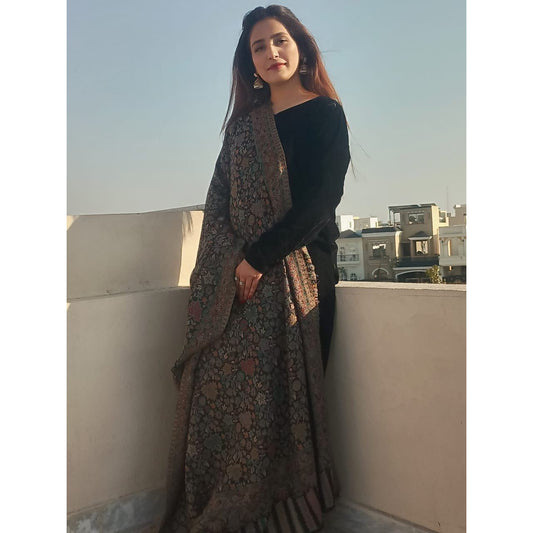 Kani Shawl Pashmina - Black Multi-color beautiful design available at najmadesigns and co. Good for winters.