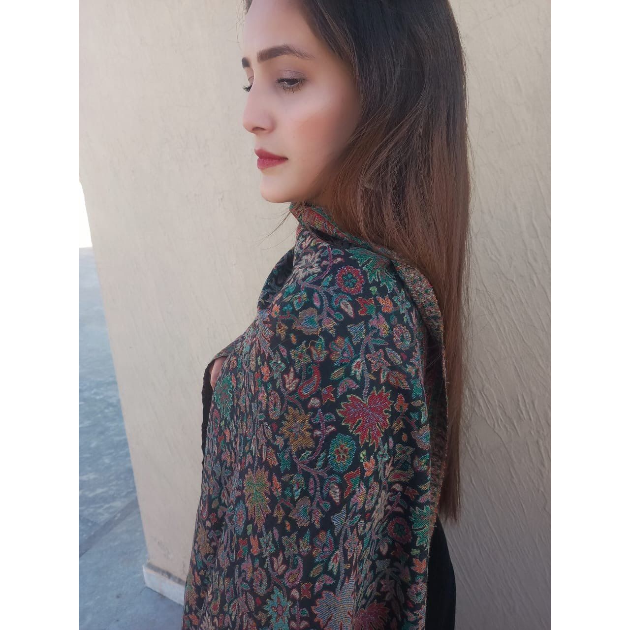 Kani Shawl Pashmina - Black Multi-color beautiful design available at najmadesigns and co. Good for winters.