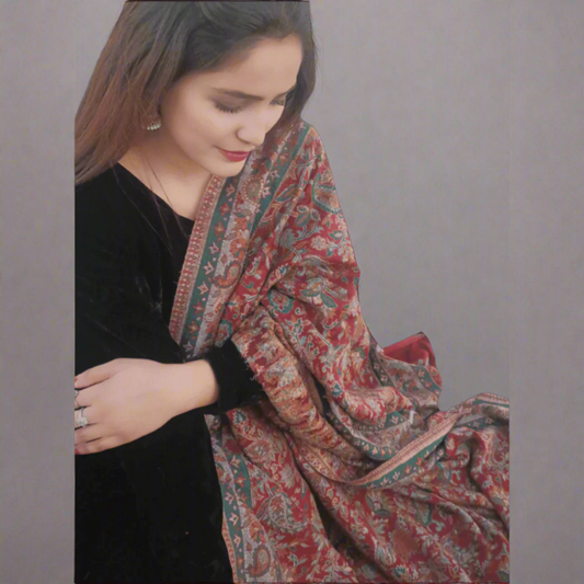 Kani Shawl Pashmina - A Crimson Multi-Color Beutiful 4-Sided Border, Ideal for Winters. Available at Najmadesigns and Co.