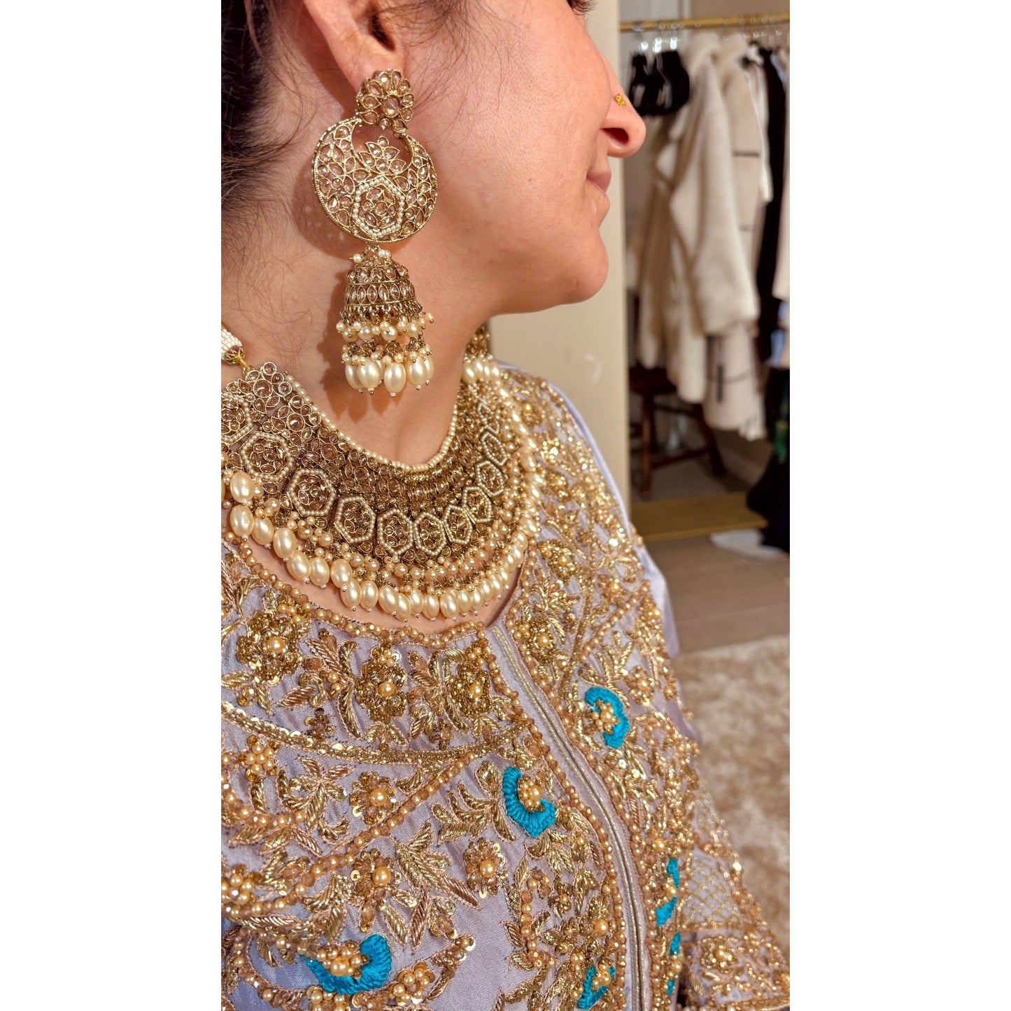 • Clothing: Embroidered/Printed suit for women - Made of best quality fabric - lawn or linen or chiffon - pure silk - Available at Najma Designs & Co. • Jewelry: Gold - plated stud earrings for