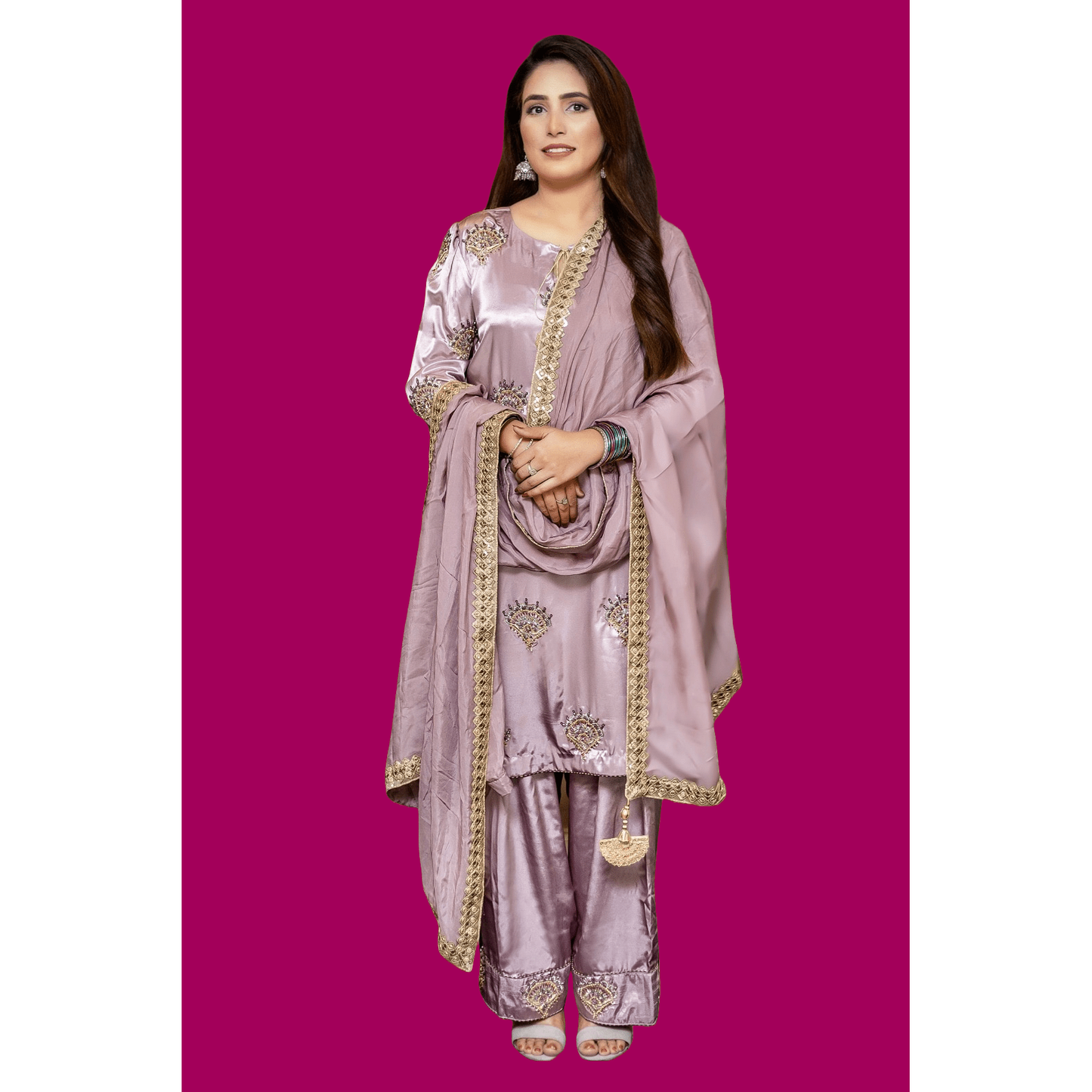 Lavender silk suit with hand embroidery of Motti and Cut Dana. It’s very comfortable outfit and comes with traditional shalwar. perfect for traditional and formal wear.