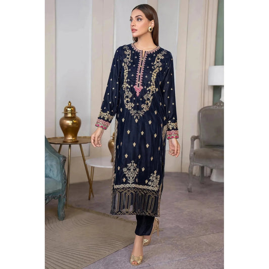 Elegant Velvet Shirt & Trouser Set by Limelight – Dyed Shirt with Embroidery, Gotta Detailing & Organza Border with Narrow Leg Velvet Trouser