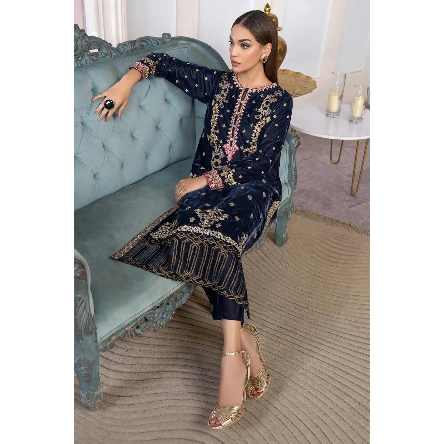 Elegant Velvet Shirt & Trouser Set by Limelight – Dyed Shirt with Embroidery, Gotta Detailing & Organza Border with Narrow Leg Velvet Trouser