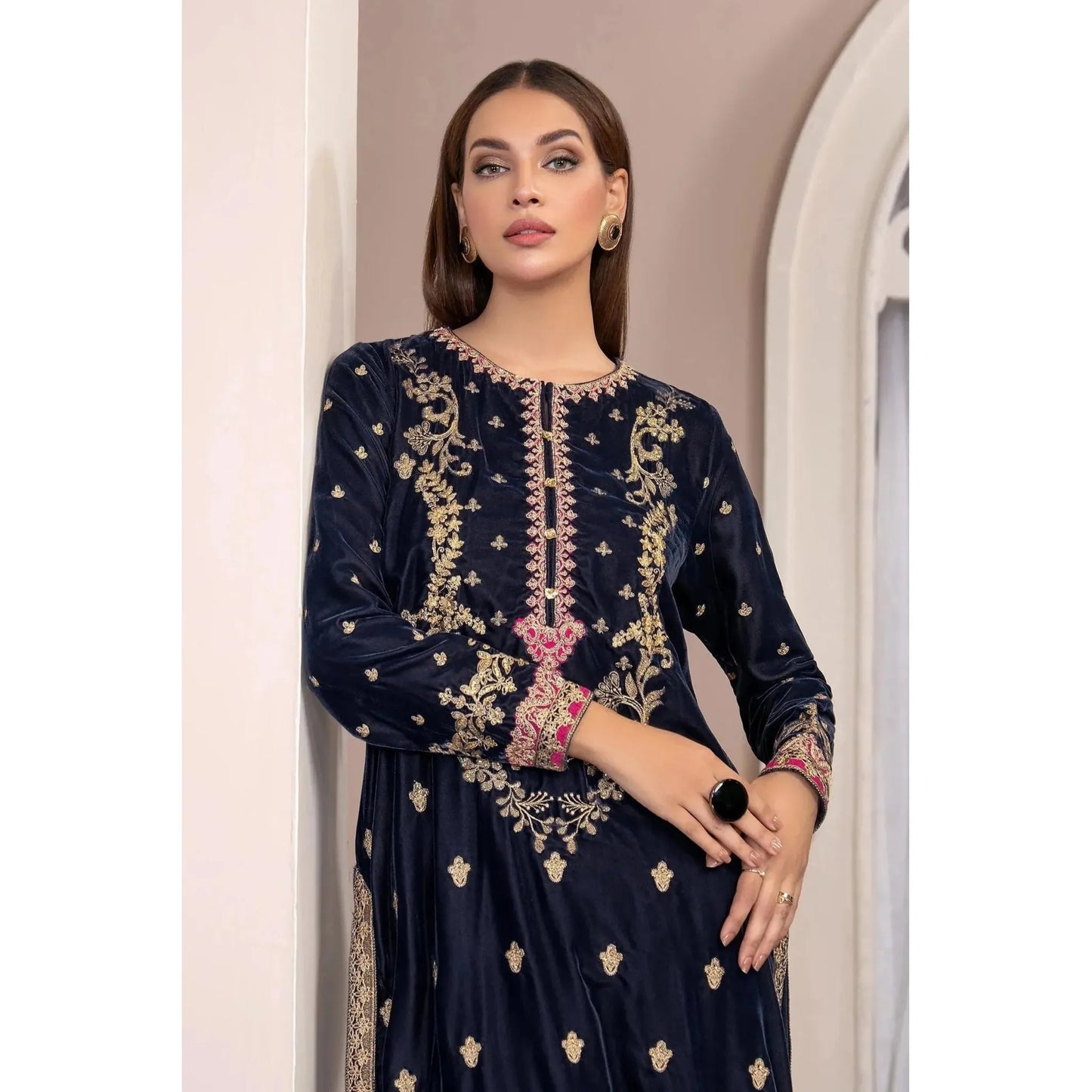 Elegant Velvet Shirt & Trouser Set by Limelight – Dyed Shirt with Embroidery, Gotta Detailing & Organza Border with Narrow Leg Velvet Trouser