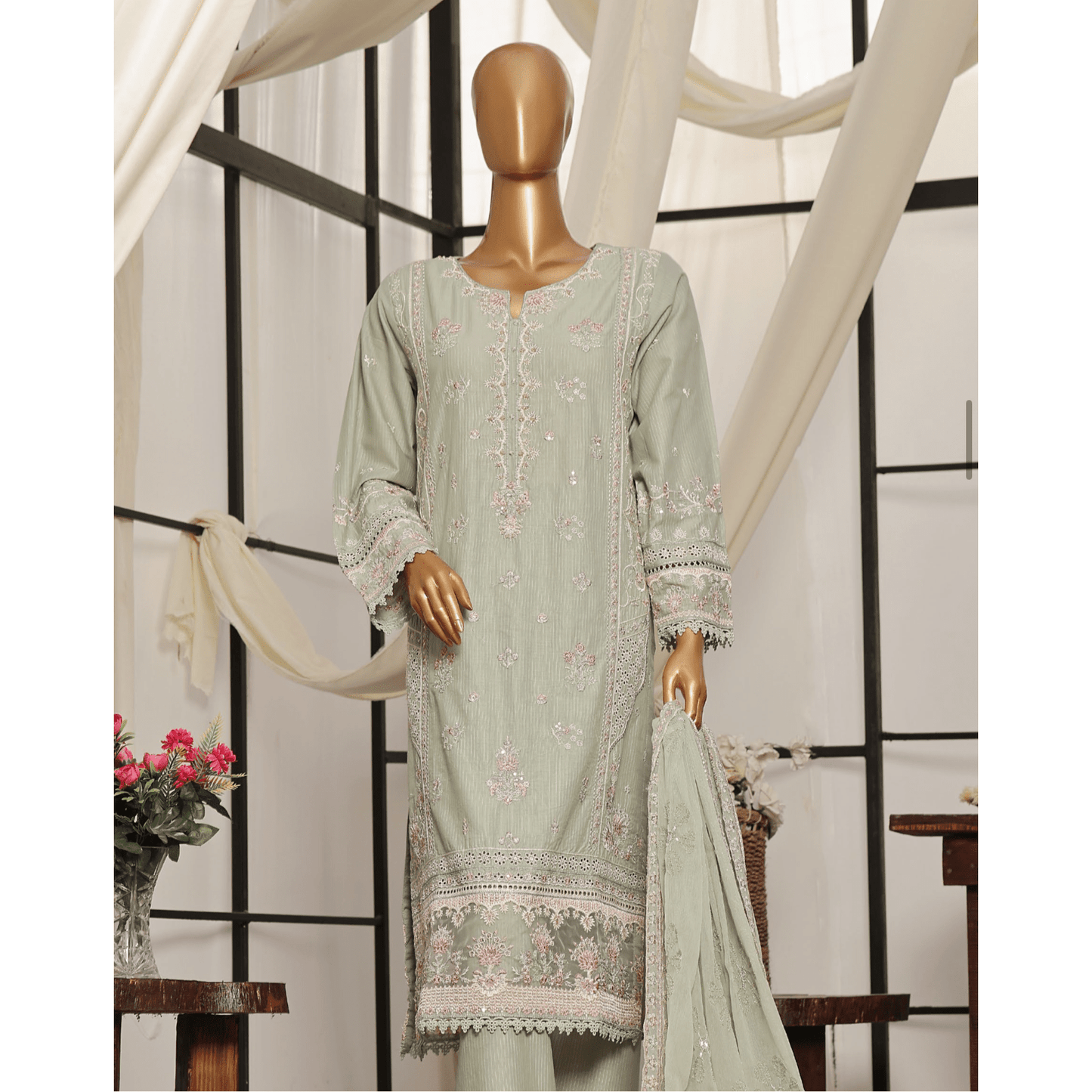 • Clothing: Embroidered/Printed suit for women - Made of best quality fabric - lawn or linen or chiffon - pure silk - Available at Najma Designs & Co. • Jewelry: Gold - plated stud earrings for
