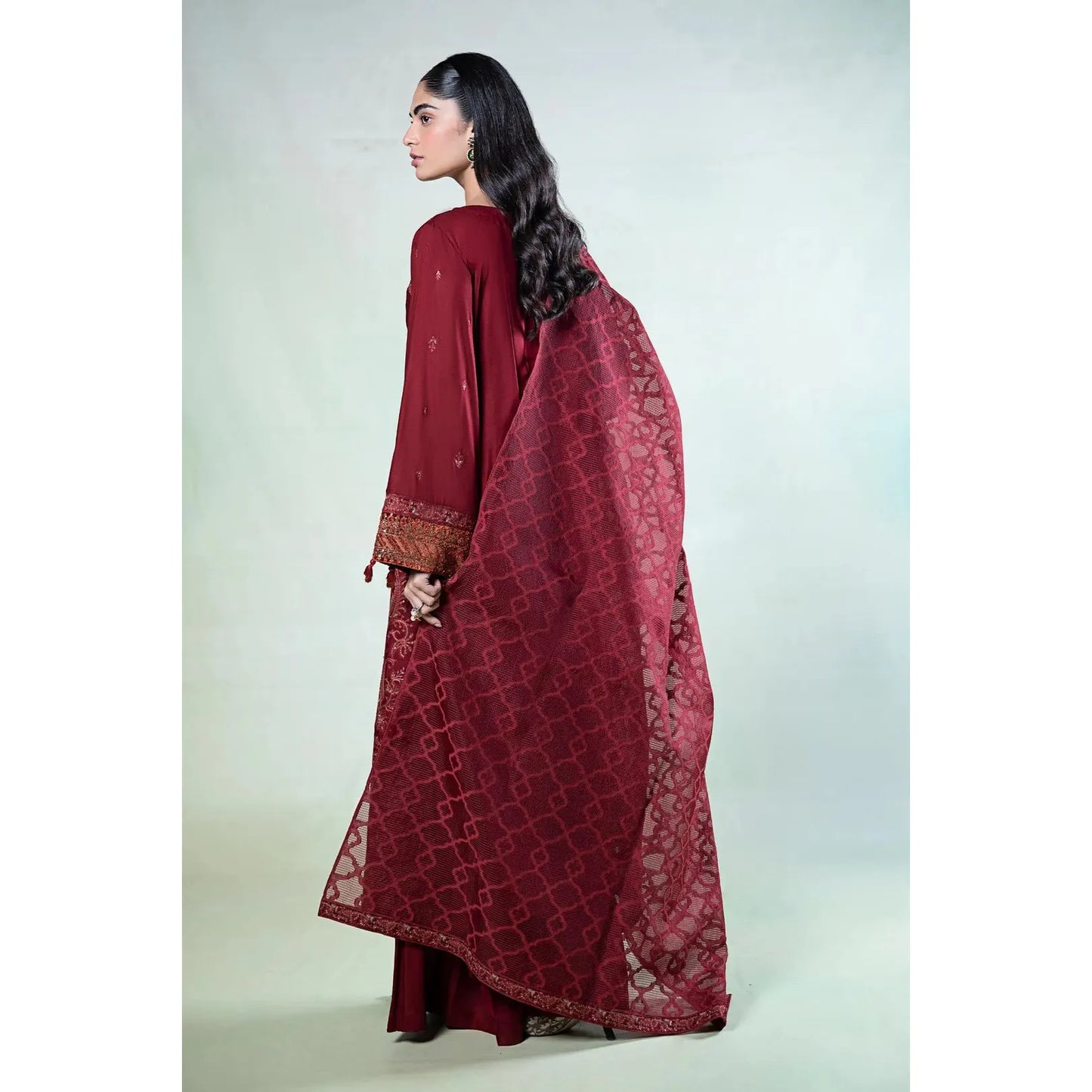 Maria B Red Linen 3-Piece Suit with Embroidered Organza Dupatta, Elegant and Stylish Design, Premium Quality Fabric, Perfect for Special Occasions, Featuring Intricate Embroidery and Detailed Work