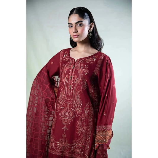 Maria B Red Linen 3-Piece Suit with Embroidered Organza Dupatta, Elegant and Stylish Design, Premium Quality Fabric, Perfect for Special Occasions, Featuring Intricate Embroidery and Detailed Work