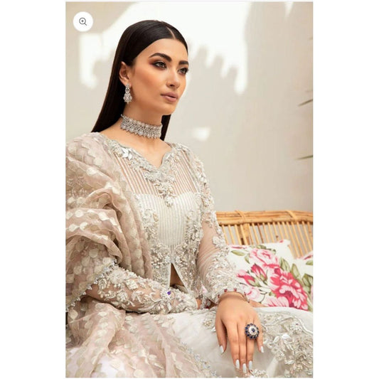 Authentic Maryam Hussain White and Nude Pink Outfit with Pearls, Ribbons, Sequences, and Ruffles, Raw Silk Embroidered Trousers, Pink Silk Lined Shirt for Added Elegance and Comfort, Paired with a Matching Dupatta, Perfect for Special Occasions, Sophisticated and Stylish Design