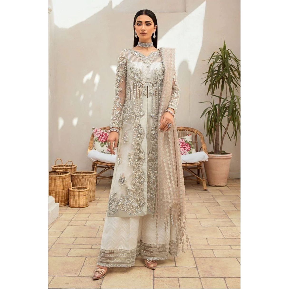 Authentic Maryam Hussain White and Nude Pink Outfit with Pearls, Ribbons, Sequences, and Ruffles, Raw Silk Embroidered Trousers, Pink Silk Lined Shirt for Added Elegance and Comfort, Paired with a Matching Dupatta, Perfect for Special Occasions, Sophisticated and Stylish Design
